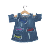 MID BLUE LIGHT DENIM COLD SHOULDER TOP FOR GIRLS