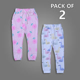 PACK OF 2 PINK FLOWERS & DUCKS PRINTED DOUBLE POCKET JOGGER PANTS TROUSER