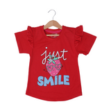 RED "JUST SMILE" PRINTED T-SHIRT TOP FOR GIRLS