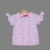 PURPLE FLOWERS WITH BOW SLEEVES PRINTED T-SHIRT TOP FOR GIRLS