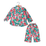 SEA GREEN BIG FLOWERS PRINT LINEN FABRIC SUIT FOR GIRLS