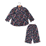 NAVY BLUE  FLOWERS PRINT LINEN FABRIC SUIT FOR GIRLS