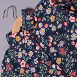 NAVY BLUE  FLOWERS PRINT LINEN FABRIC SUIT FOR GIRLS