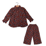 NAVY BLUE WITH ORANGE FLOWERS PRINT LINEN FABRIC SUIT FOR GIRLS