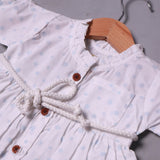 CREAM, SKY BLUE & WHITE POLKA DOTS PRINT COTTON FA0BRIC FROCK FOR GIRLS (MINOR DEFECTION)