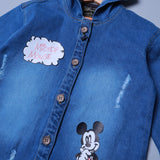 LIGHT BLUE MICKEY MOUSE PRINT WITH HOOD DENIM JACKET