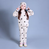 CREAM HINECK POLKA DOT PRINT WITH CAP THERMAL FABRIC SUIT FOR WINTERS