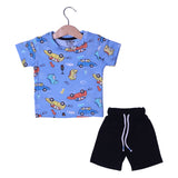 BLUE CAR WITH DINO PRINT WITH SHORTS COTTON JERSY FABRIC BABA SUIT