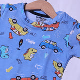 BLUE CAR WITH DINO PRINT WITH SHORTS COTTON JERSY FABRIC BABA SUIT