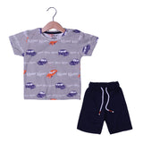 GREY VROOM CARS PRINT WITH SHORTS COTTON JERSY FABRIC BABA SUIT