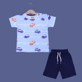 SKY BLUE VROOM CARS PRINT WITH SHORTS COTTON JERSY FABRIC BABA SUIT