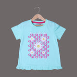 TURQUOISE BE COOL BE KIND FLOWERS PRINTED T-SHIRT TOP FOR GIRLS