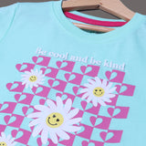 TURQUOISE BE COOL BE KIND FLOWERS PRINTED T-SHIRT TOP FOR GIRLS