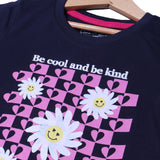 NAVY BLUE BE COOL BE KIND FLOWERS PRINTED T-SHIRT TOP FOR GIRLS