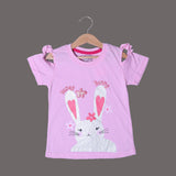 PINK COLD SHOULDER HONEY BUNNY PRINTED T-SHIRT TOP FOR GIRLS