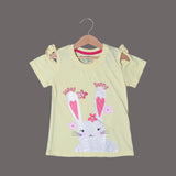 YELLOW COLD SHOULDER HONEY BUNNY PRINTED T-SHIRT TOP FOR GIRLS