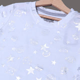 WHITE WITH SILVER STARS & FACES PRINTED T-SHIRT TOP FOR GIRLS