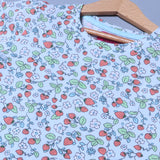 SKY BLUE STRAWBERRY PRINTED PLAIN SLEEVES T-SHIRT TOP FOR GIRLS