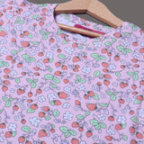 PINK WITH STRAWBERRY PRINTED PLAIN SLEEVES T-SHIRT TOP FOR GIRLS