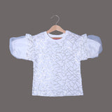 WHITE WITH SMALL STARS NET SLEEVES T-SHIRT TOP FOR GIRLS