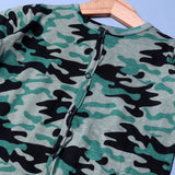 GREEN CAMOUFLAGE PRINT COTTON JERSY FABRIC FULL BODY FULL SLEEVES ROMPER