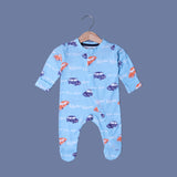 SKY BLUE CAR VROOM PRINT FULL BODY FULL SLEEVES ROMPERS