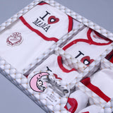 WHITE WITH RED GLITTER "I LOVE MAMA" PRINTED 6 PCS NEW BORN BABY SET