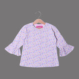 WHITE WITH PURPLE FLOWERS FRIL SLEEVES PRINTED FULL SLEEVES T-SHIRT FOR GIRLS