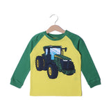 YELLOW WITH GREEN SLEEVES FRONT & BACK TRACTOR PRINTED FULL SLEEVES T-SHIRT