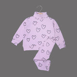 PINK HIGH NECK & FRIL TROUSER "HEARTS" PRINTED RIBBED FABRIC WINTER SUIT