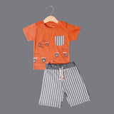 BROWN WITH BLACK STRIPES SHORTS "POCKET & JEEP" PRINTED BABA SUIT