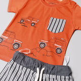 BROWN WITH BLACK STRIPES SHORTS "POCKET & JEEP" PRINTED BABA SUIT