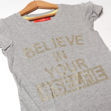 GREY BELIEVE IN YOUR SELFIE PRINTED T-SHIRT FOR GIRLS