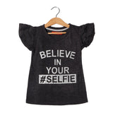 CHARCOAL GREY BELIEVE IN YOUR SELFIE PRINTED T-SHIRT FOR GIRLS