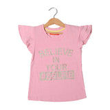 LIGHT PINK BELIEVE IN YOUR SELFIE PRINTED T-SHIRT FOR GIRLS
