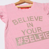 LIGHT PINK BELIEVE IN YOUR SELFIE PRINTED T-SHIRT FOR GIRLS