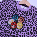 PURPLE CHEETAH PRINT WITH SMILEY TERRY FABRIC SWEATSHIRT