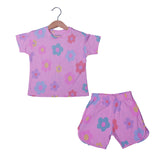 PINK BIG FLOWERS PRINT WITH SHORTS COTTON JERSY FABRIC SUIT FOR GIRLS