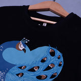 BLACK PEACOCK PRINTED T-SHIRT TOP FOR GIRLS