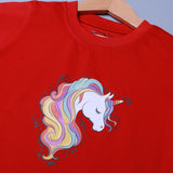 RED UNICORN FACE PRINTED HALF SLEEVES T-SHIRT FOR SUMMERS