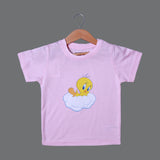 PINK TWEETY ON CLOUD PRINTED HALF SLEEVES T-SHIRT FOR SUMMERS