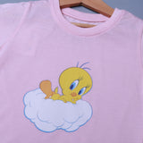 PINK TWEETY ON CLOUD PRINTED HALF SLEEVES T-SHIRT FOR SUMMERS