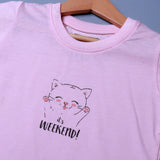 PINK IT'S WEEKEND CAT PRINTED HALF SLEEVES T-SHIRT FOR SUMMERS