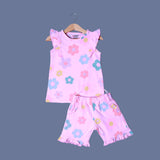 PINK FRIL FLOWERS PRINTED T-SHIRT & SHORTS SUIT FOR GIRLS