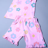 PINK FRIL FLOWERS PRINTED T-SHIRT & SHORTS SUIT FOR GIRLS