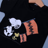 BLACK & ORANGE SNOOPY WITH FLAG PRINTED HALF BODY ROMPER