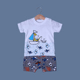 WHITE WITH GREY BOAT & SHARKS PRINTED HALF BODY ROMPER