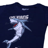 NAVY BLUE "COOL VIBES SHARK" PRINT HALF SLEEVES T-SHIRT FOR BOYS