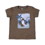 BROWN "HEY VACAY" PRINT HALF SLEEVES T-SHIRT FOR BOYS