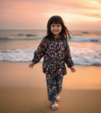 NAVY BLUE  FLOWERS PRINT LINEN FABRIC SUIT FOR GIRLS